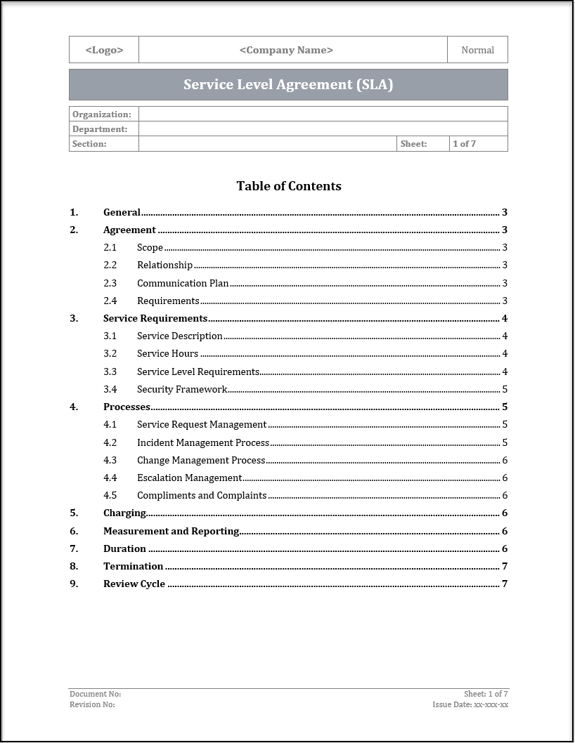 Template Of Service Level Agreement