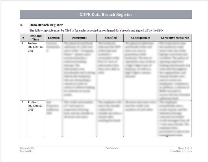 GDPR Data Breach Register Template