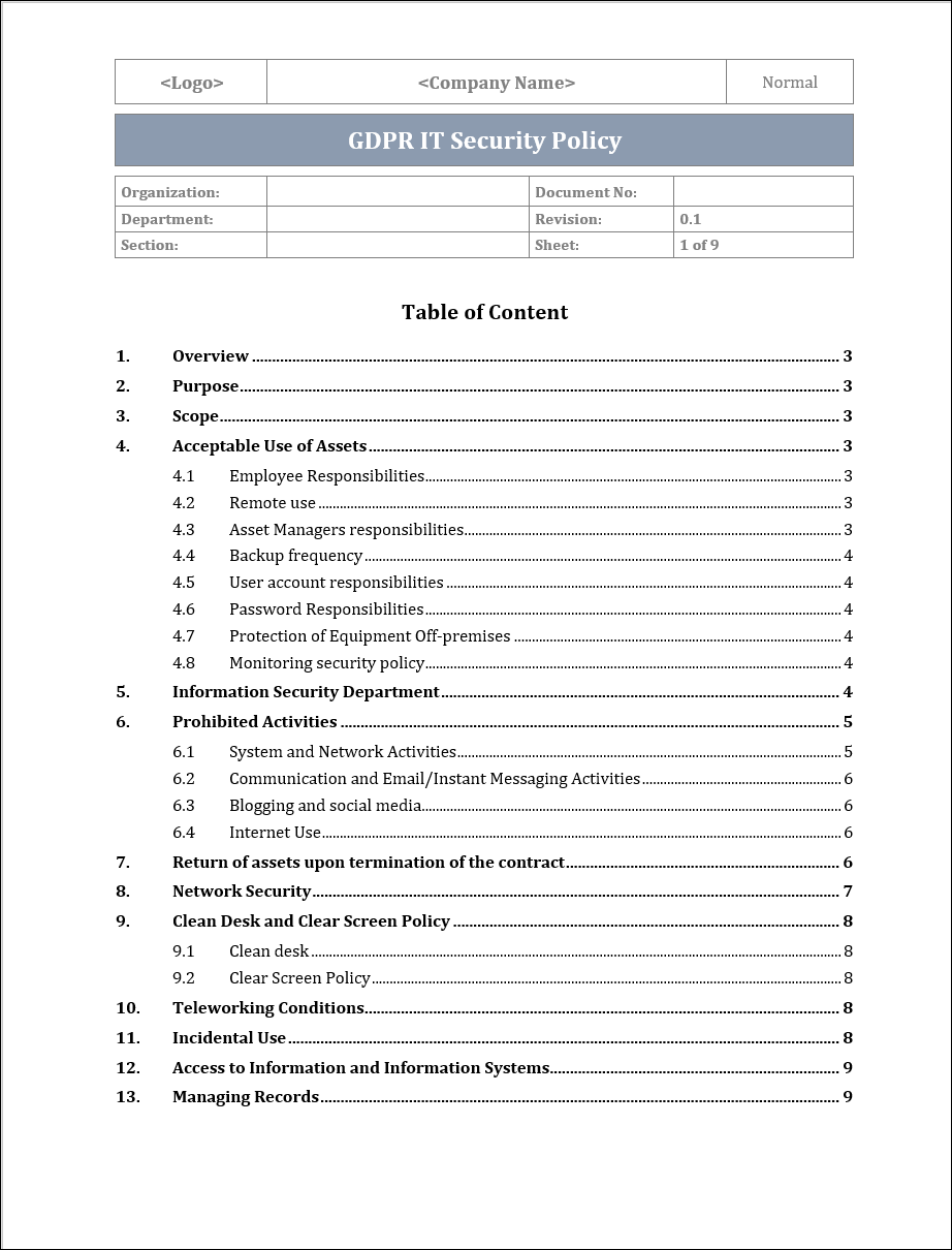 GDPR IT Security Policy Template – IT Governance Framework