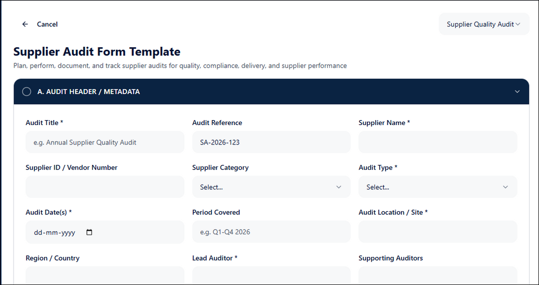 Supplier Audit Form Template