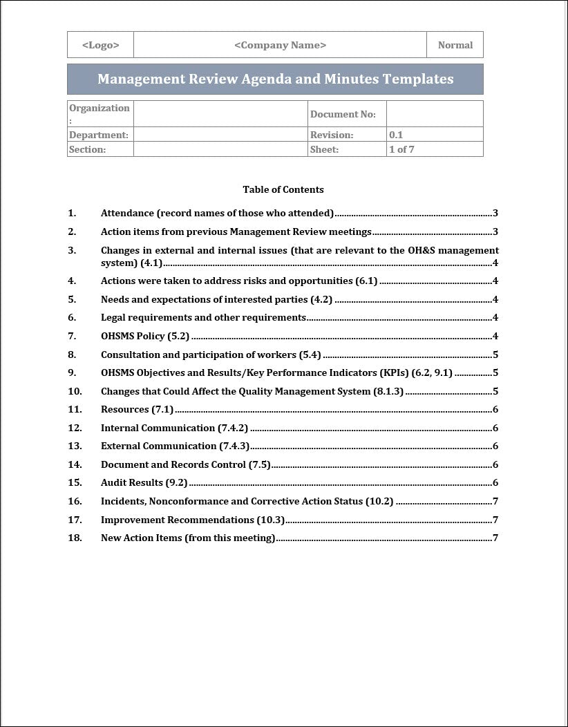 Management Review Agenda and Minutes Template