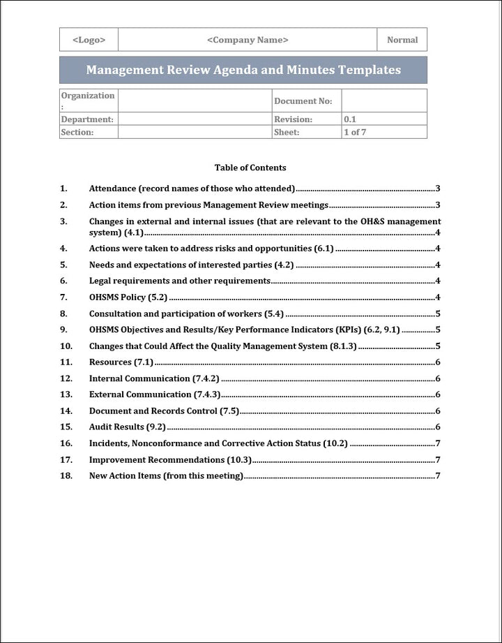 Management Review Agenda and Minutes Template