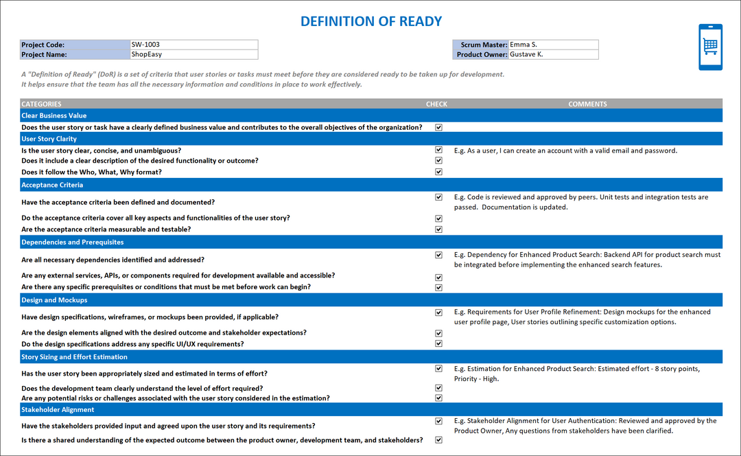 Definition of Ready Excel Template IT Governance Framework