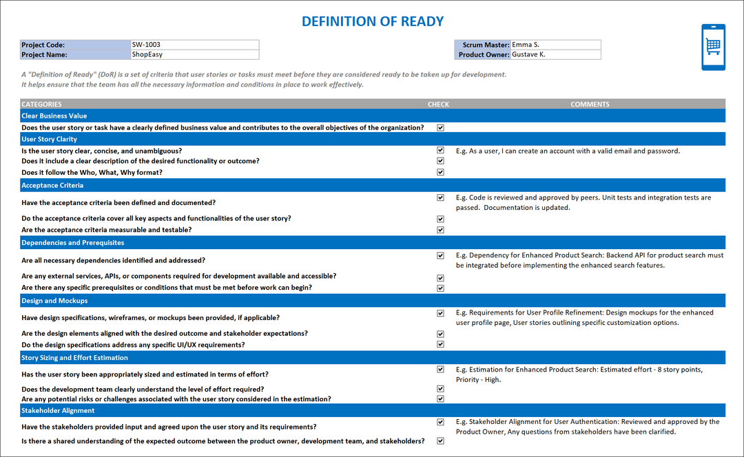 Definition of Ready Excel Template