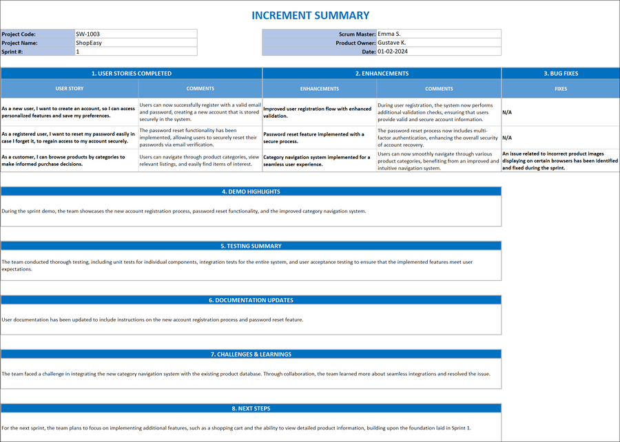 Increment Summary Excel Template