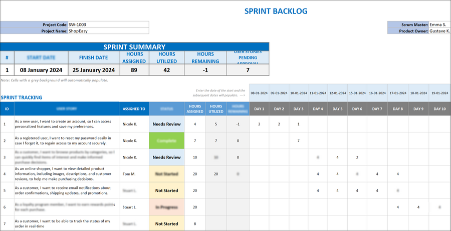 Sprint Backlog Excel Template