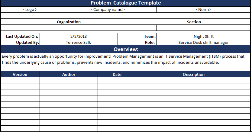 Problem Catalogue Excel Template 