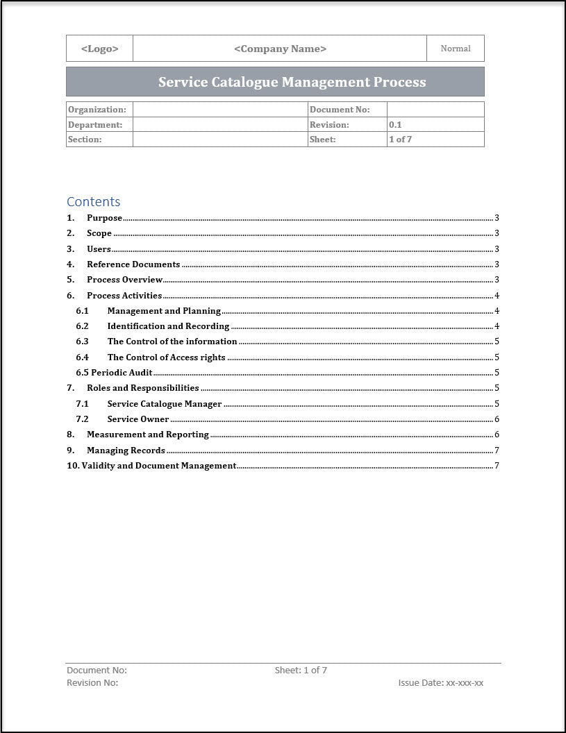 ISO 20000 Service Catalog Management Process Template