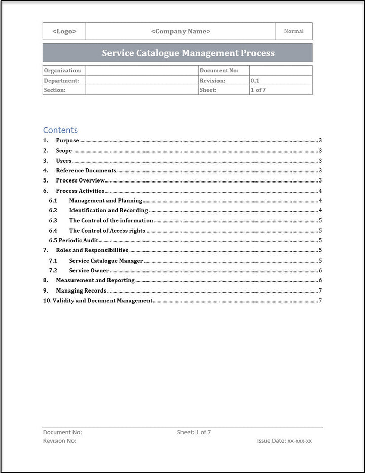 ISO 20000 Service Catalog Management Process Template