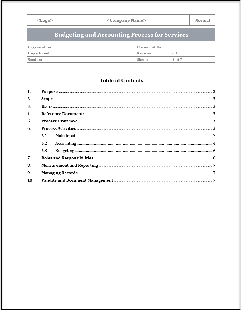 ISO 20000 Budgeting and Accounting for Services Process Template