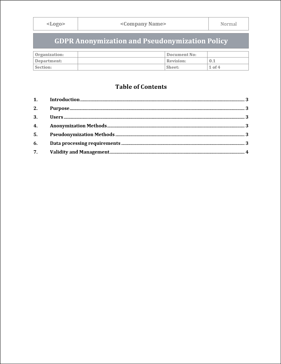 GDPR Anonymization and Pseudonymization Policy Template