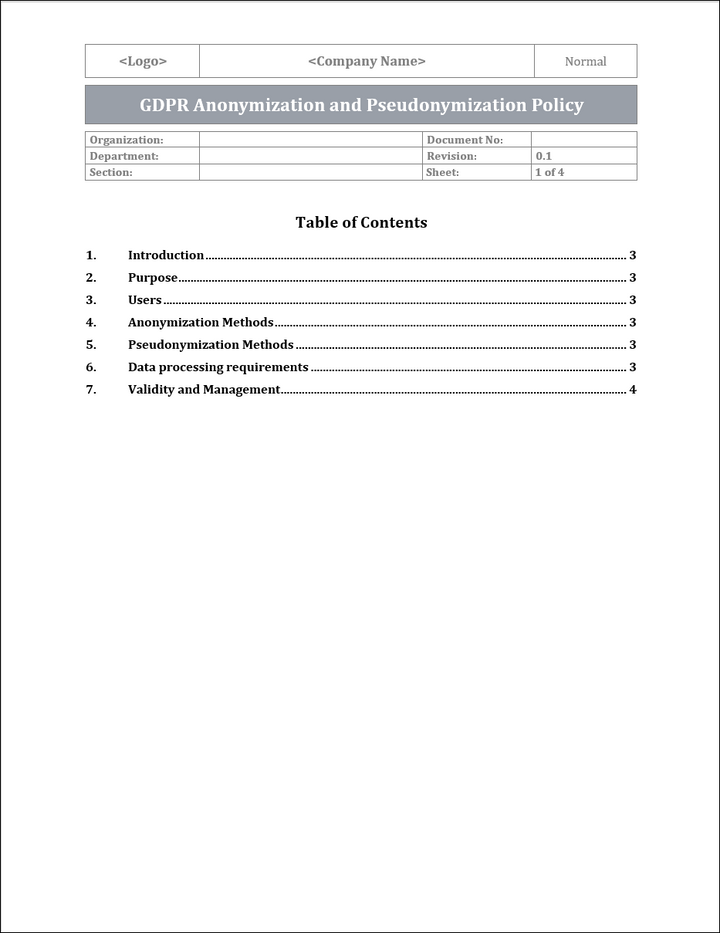 GDPR Anonymization and Pseudonymization Policy Template