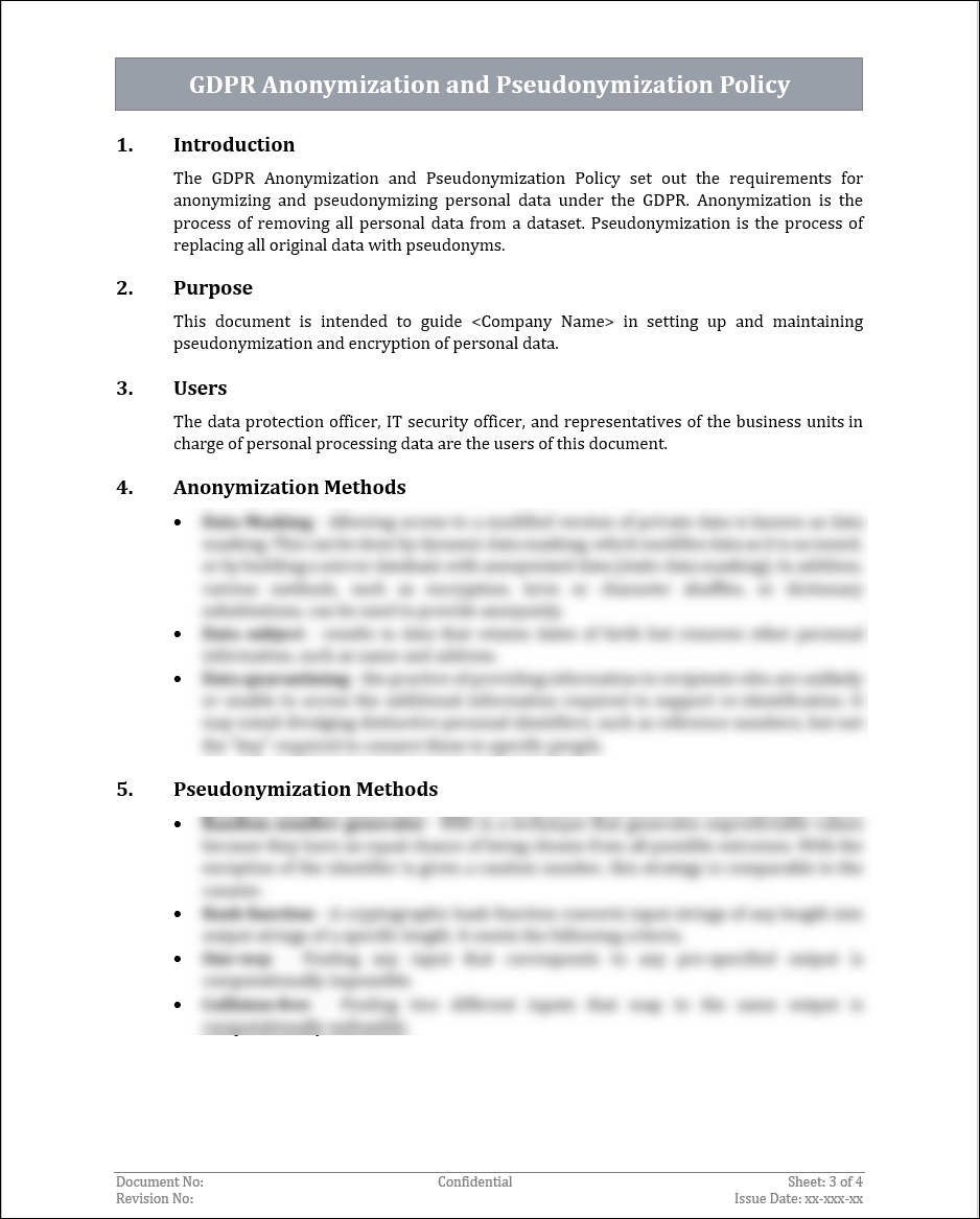 GDPR Anonymization and Pseudonymization Policy Template