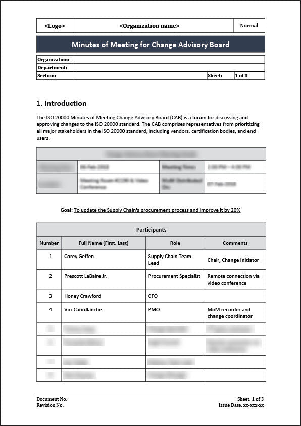 ISO 20000 Minutes of Meeting CAB Template