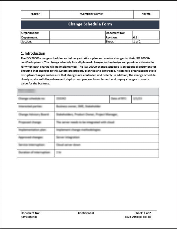 ISO 20000 Change Schedule Template