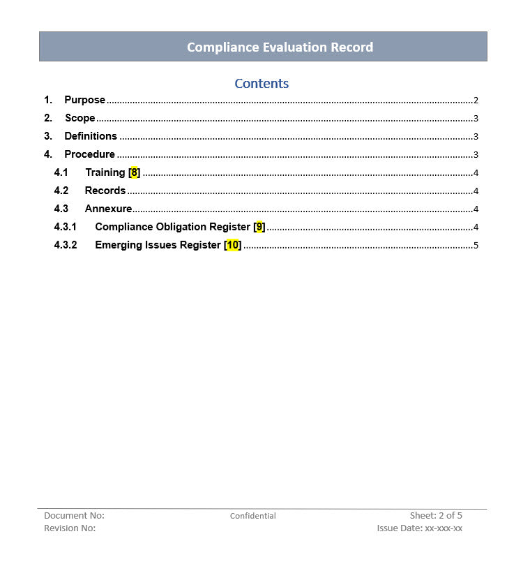 Compliance evaluation record, Compliance evaluation
