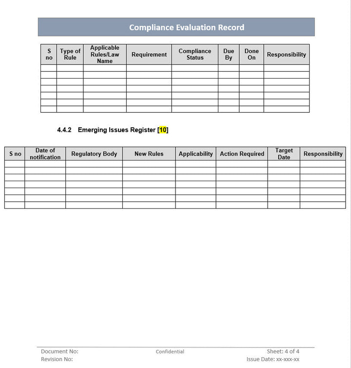 Compliance evaluation record, Issue register 