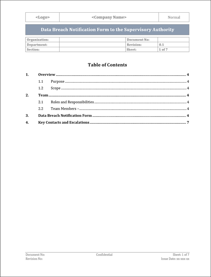 Data Breach Notification Form To The Supervisory Authority Template