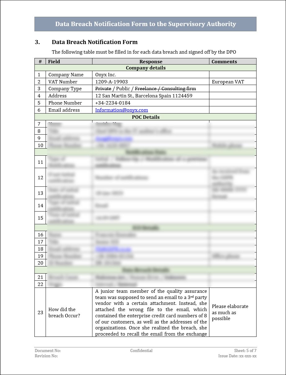 Data Breach Notification Form To The Supervisory Authority Template