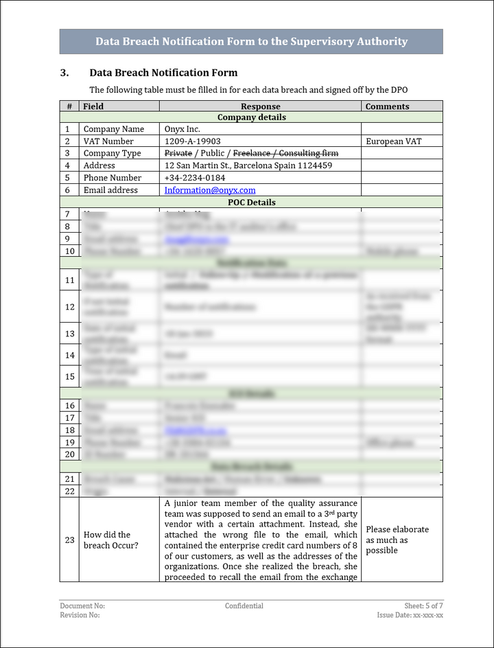 Data Breach Notification Form To The Supervisory Authority Template