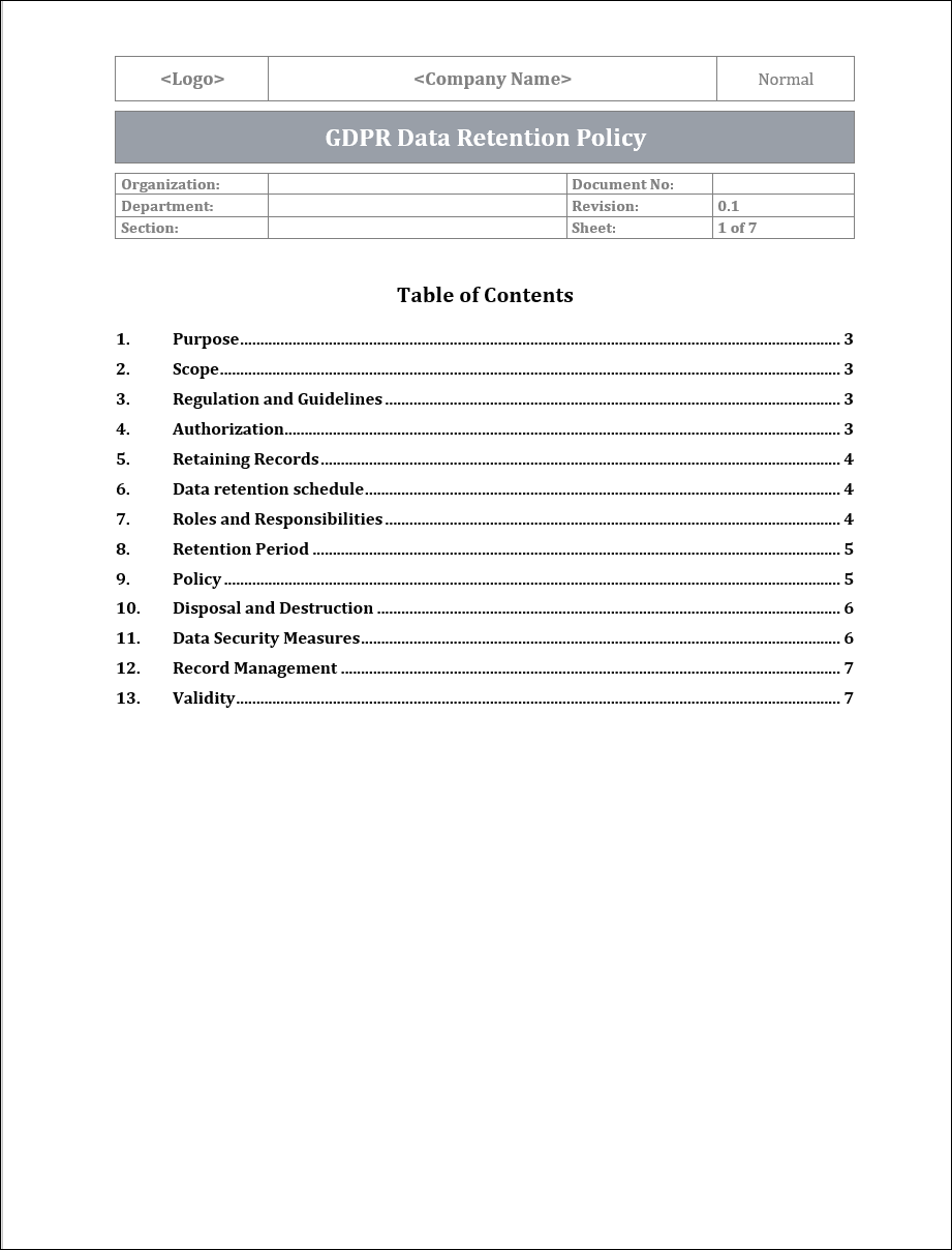 GDPR Data Retention Policy Template IT Governance Docs GDPR Data Retention Policy Template IT Governance Docs