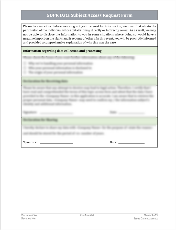 Data Access Control Form GDPR Data Subject Access Request Form Template – IT Governance Framework