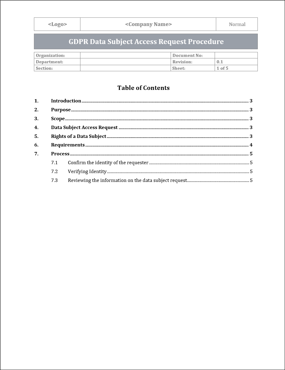 GDPR Data Subject Access Request Procedure Template – IT Governance Docs