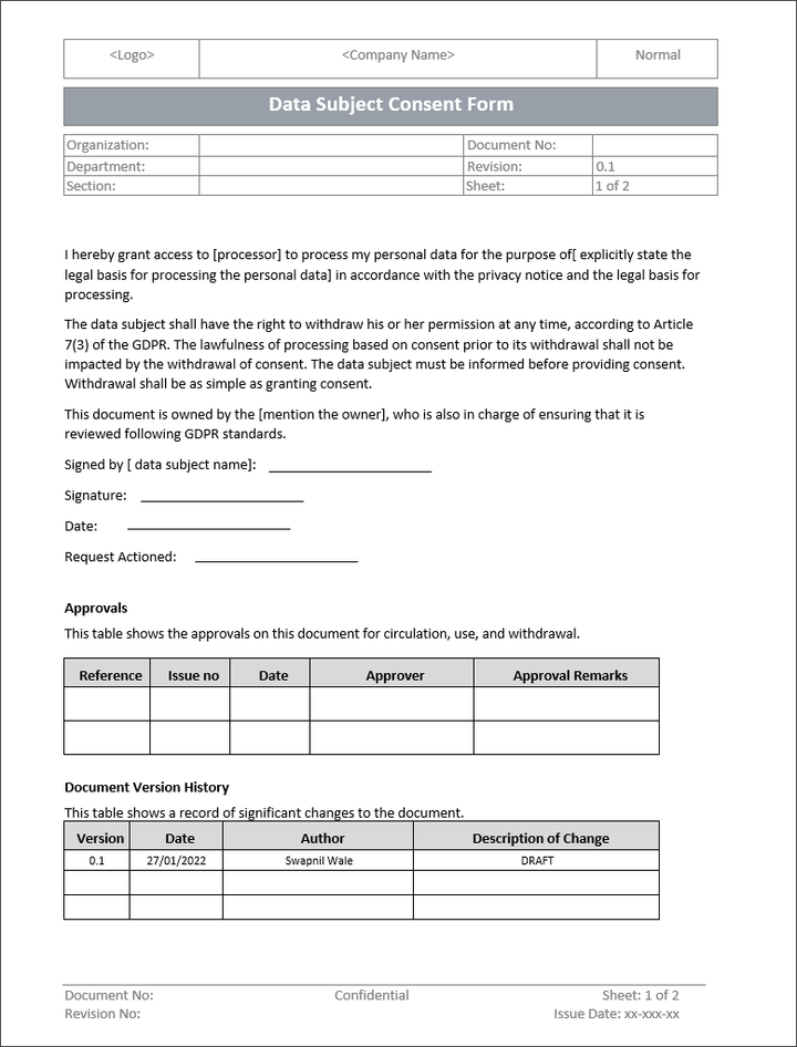 GDPR Data Subject Consent Form Template