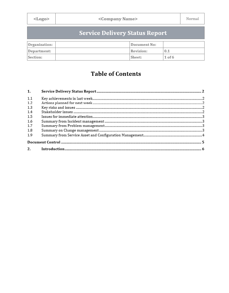 Service Delivery Status Report – IT Governance Framework