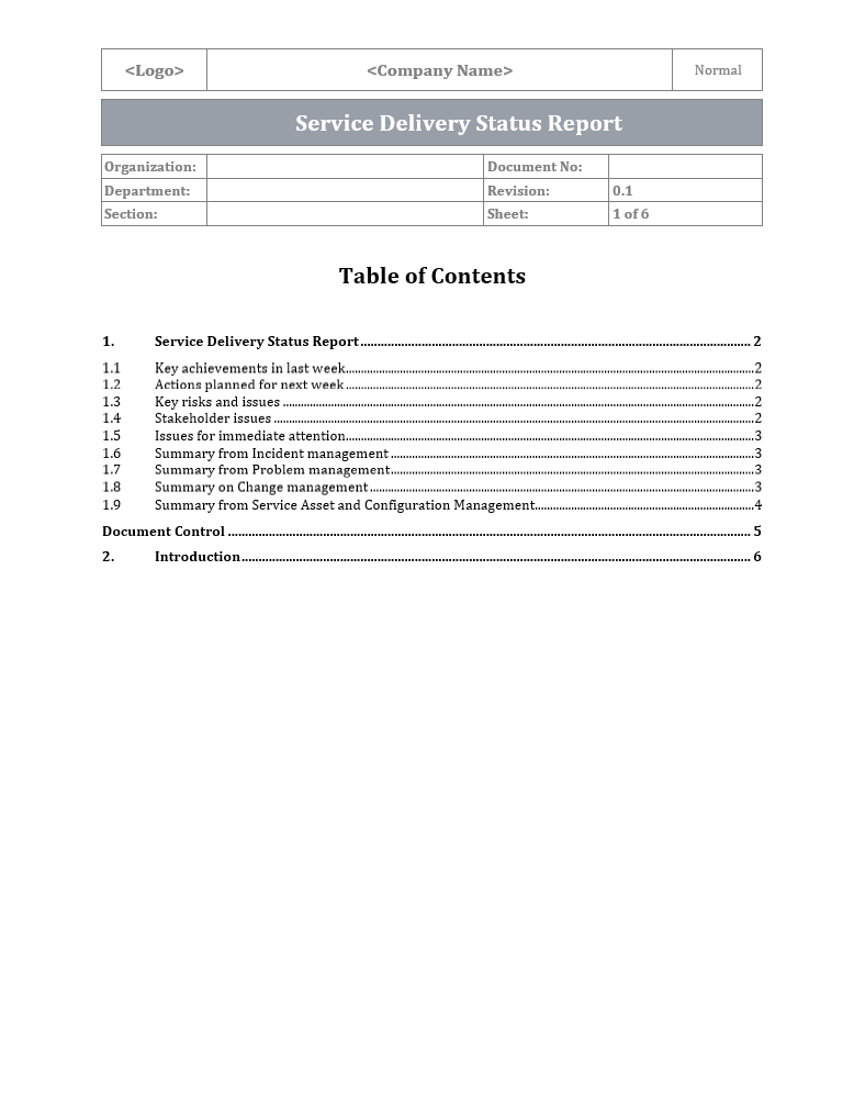 Service delivery status report, Service delivery 