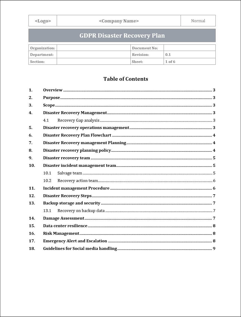 GDPR Disaster Recovery Plan Template