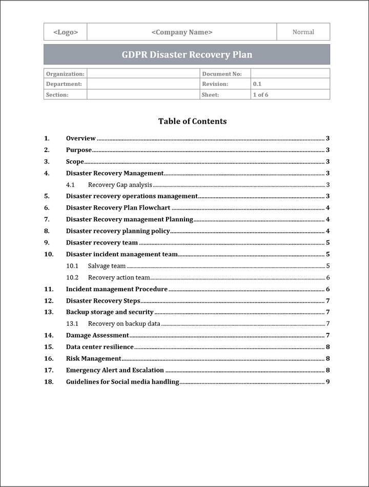 GDPR Disaster Recovery Plan Template
