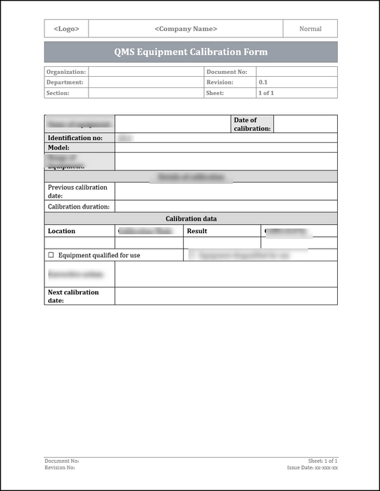 ISO 9001: QMS Equipment Calibration Form – IT Governance Framework