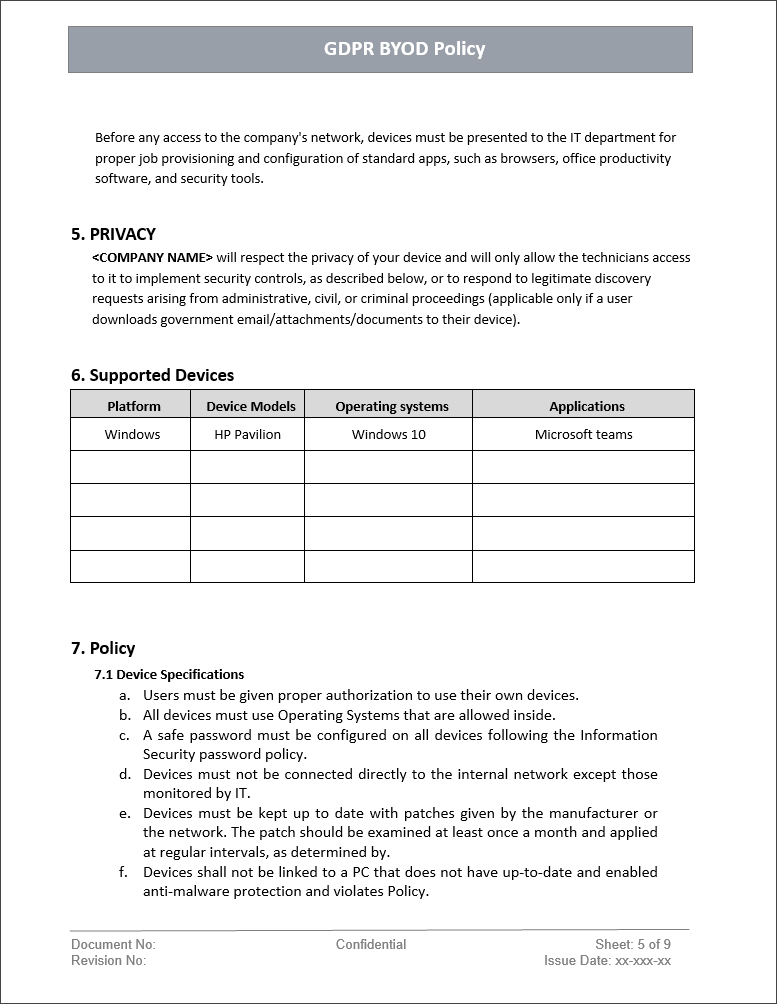 GDPR Byod Policy Template