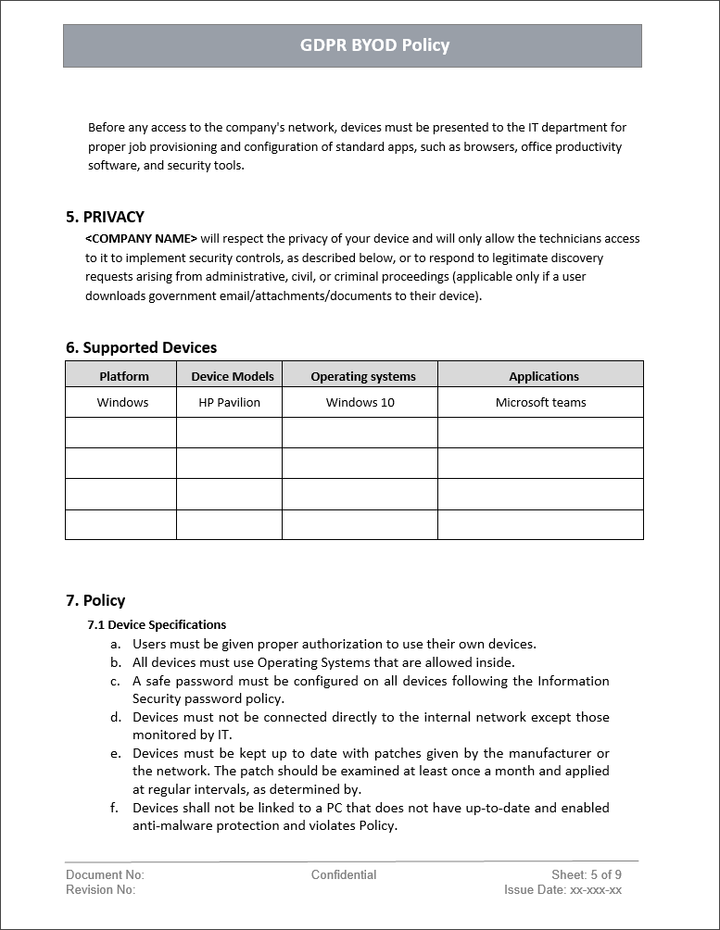 GDPR Byod Policy Template