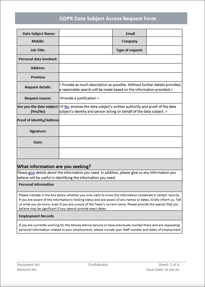 GDPR Data Subject Access Request Form Template