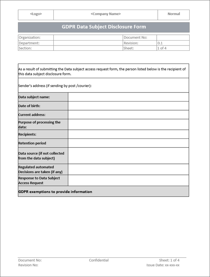 GDPR Data Subject Disclosure Form Template