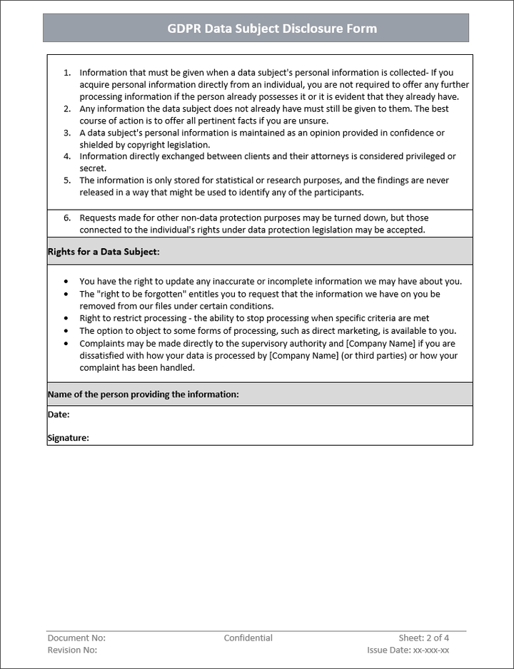 GDPR Data Subject Disclosure Form Template