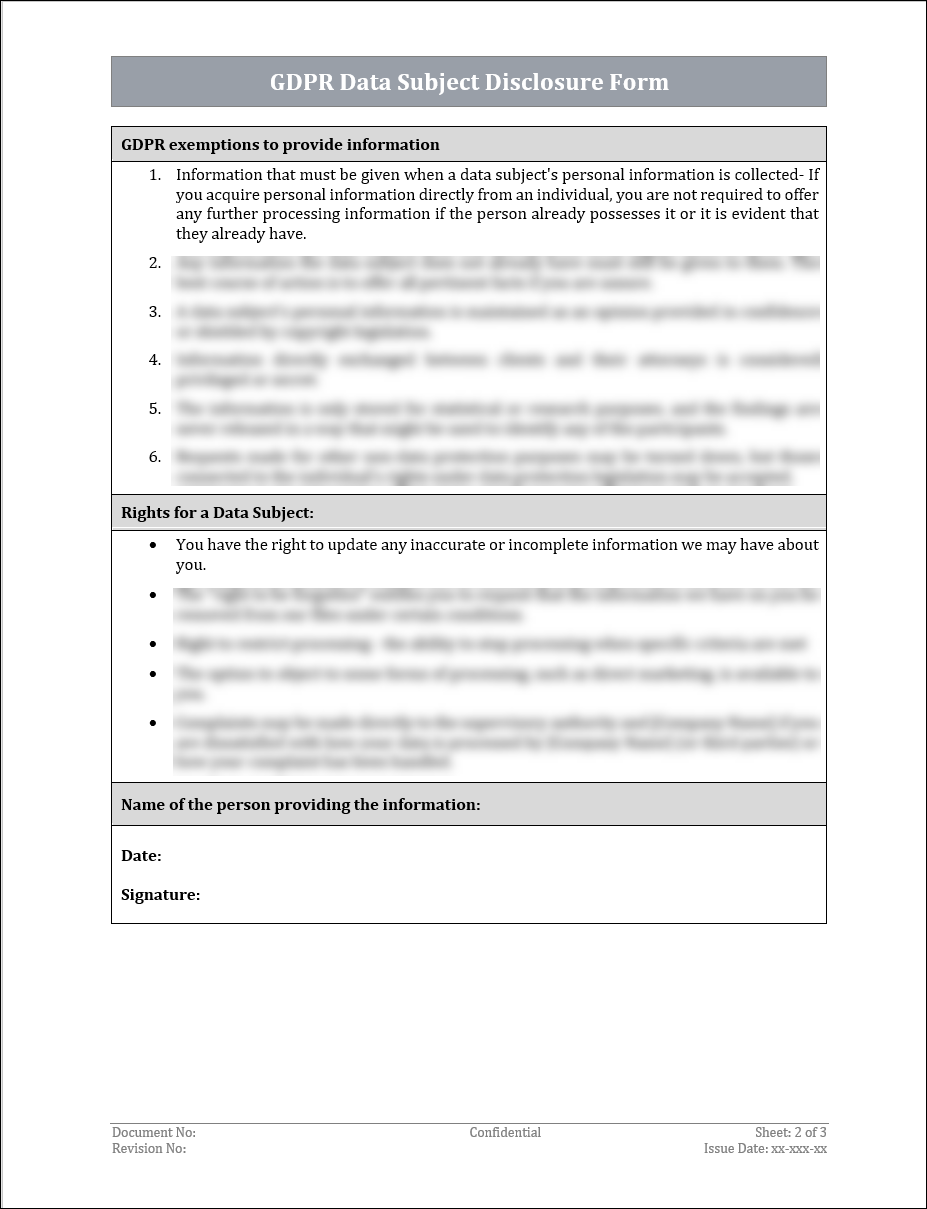 GDPR Data Subject Disclosure Form Template