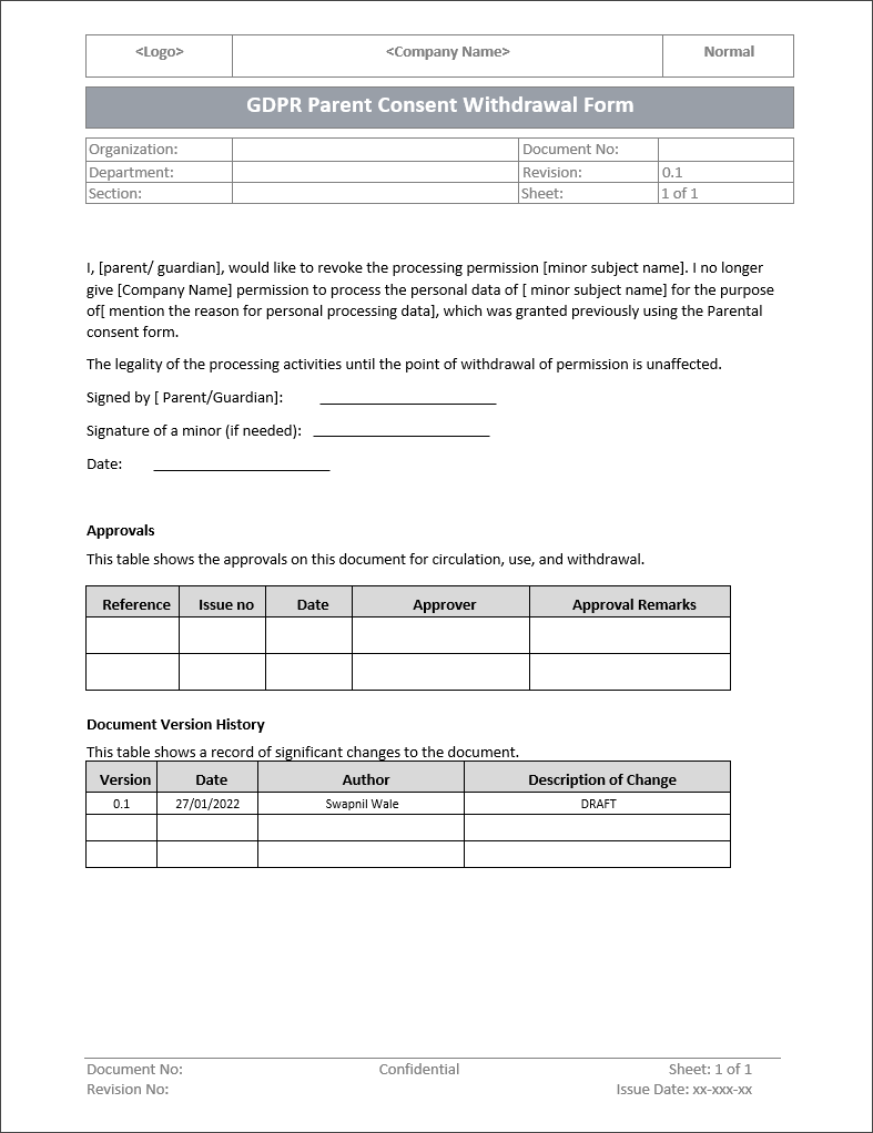GDPR Parent Consent Withdrawal Form Template