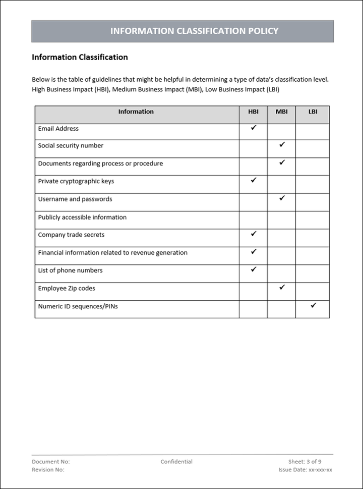 Information classification policy, Information classification