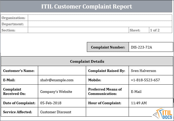 ITIL Customer Complaint Report