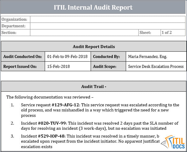ITIL Internal Audit Report