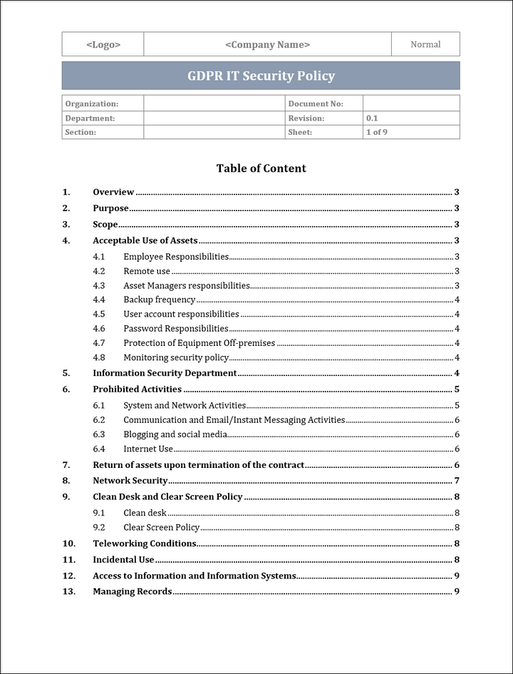 GDPR IT Security Policy Template