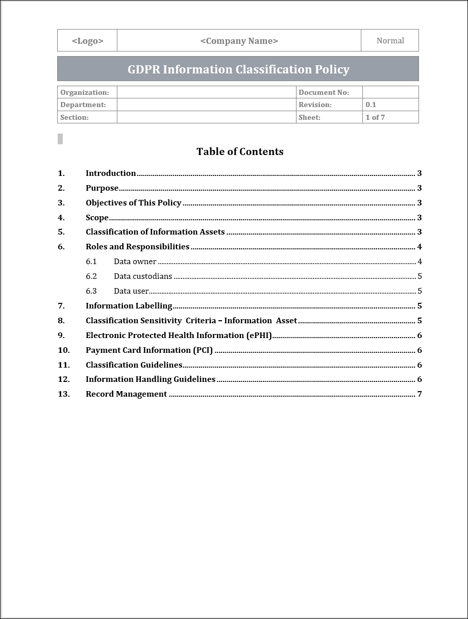 GDPR Information Classification Policy Template – IT Governance Framework