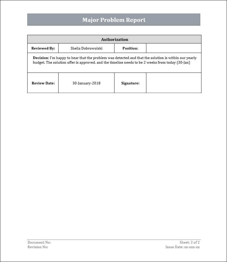 major problem, major problem report, major problem report template