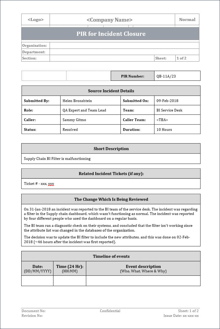 Pir Form PIR Incident Closure Template – IT Governance Framework