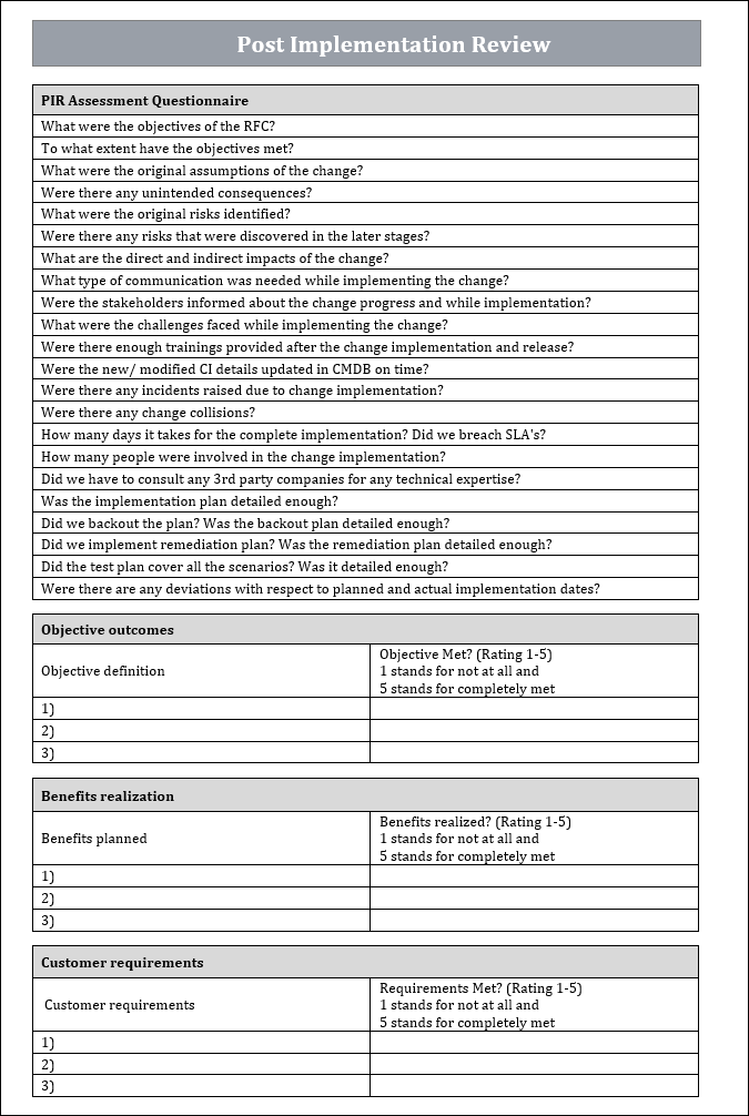 Post Implementation Review Template