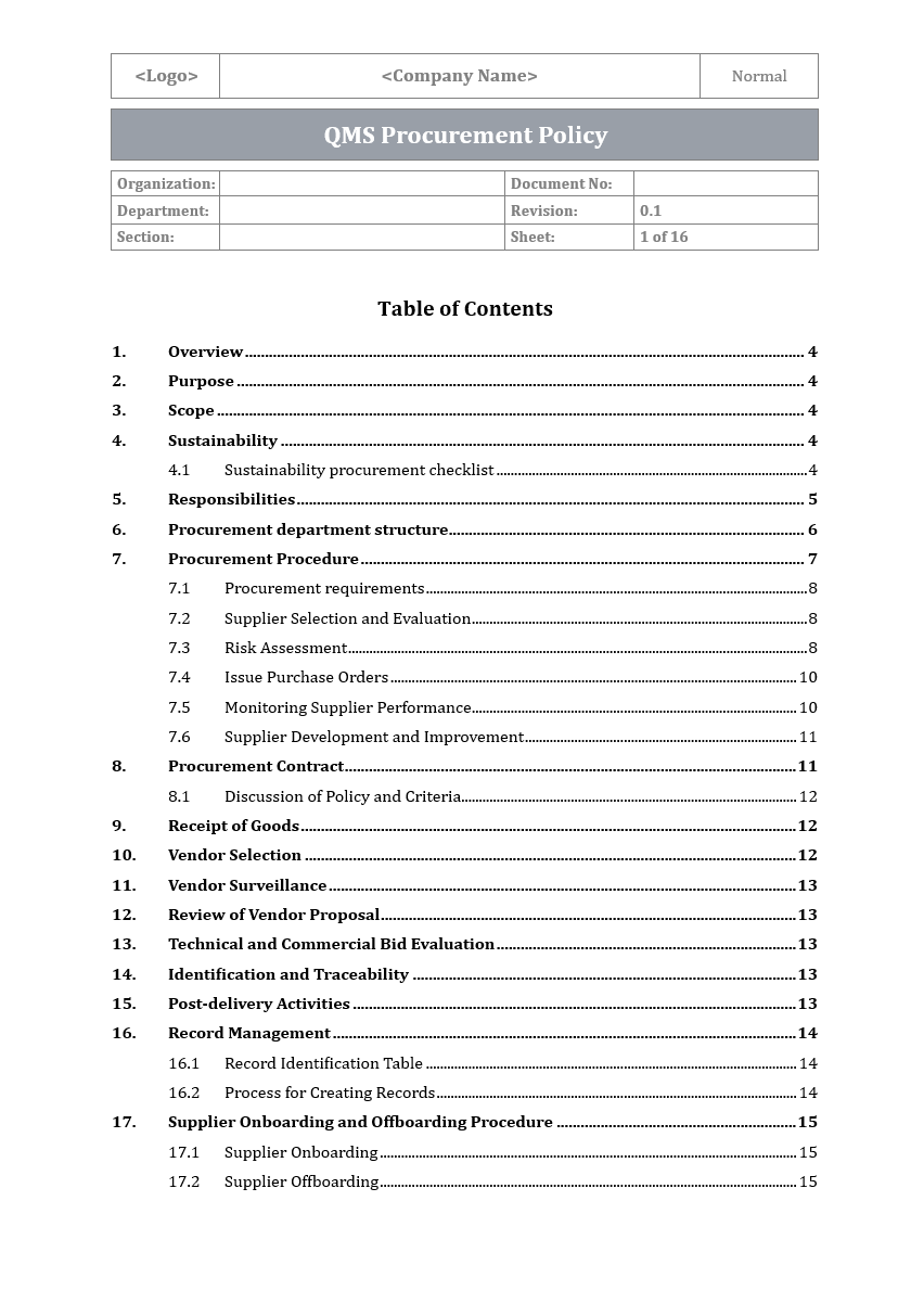 ISO 9001: QMS Procurement Policy Template