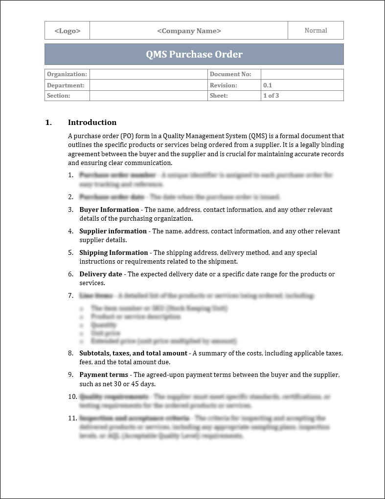 ISO 9001:QMS Purchase Order Template – IT Governance Framework